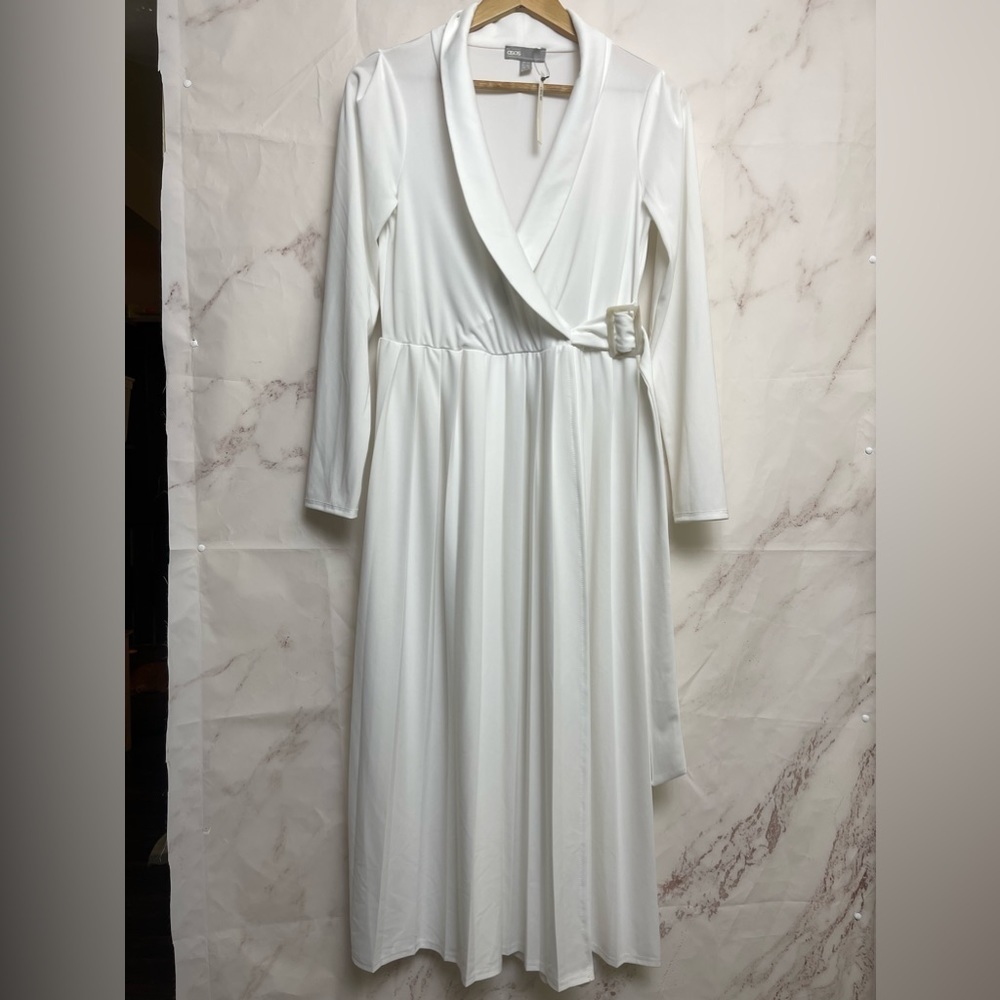 ASOS White Long Sleeve Midi Wrap Dress